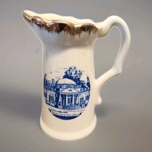 Vintage Monticello 5" Souvenir Pitcher Blue Transferware Gold Trim Crackle Glaze